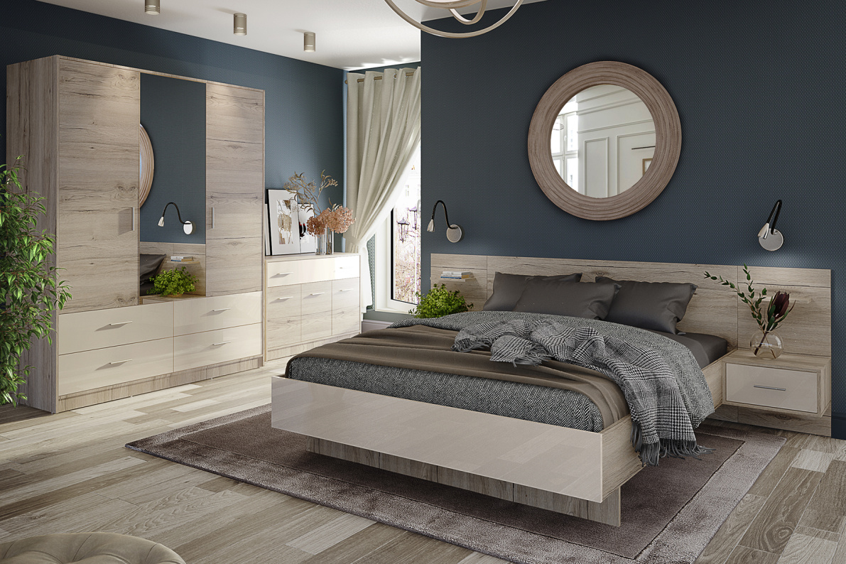 Спальня ЛациаКрем бежевый / Дуб санремо