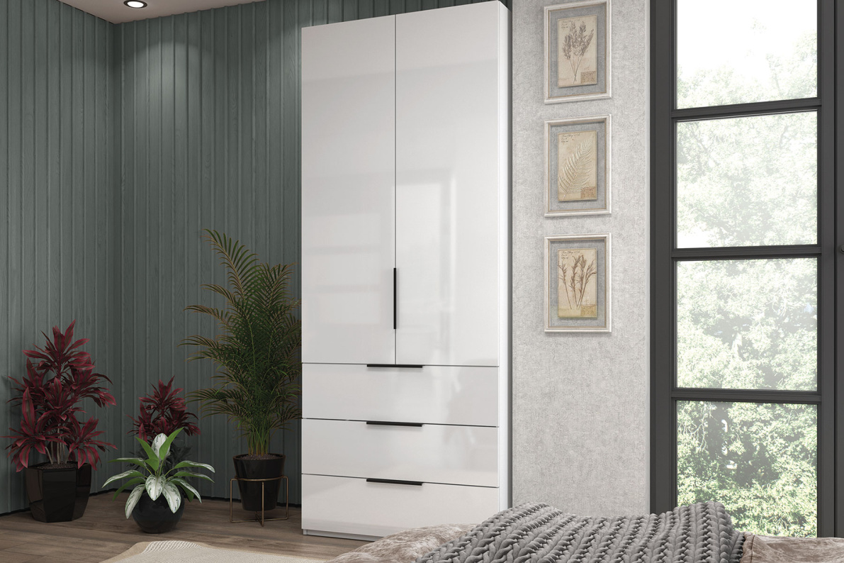 Шкаф 2-х дверный с полками и ящиками, 90 см ЛюксБелый глянец