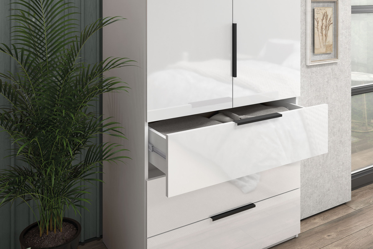 Шкаф 2-х дверный с полками и ящиками, 90 см ЛюксБелый глянец, фото 2