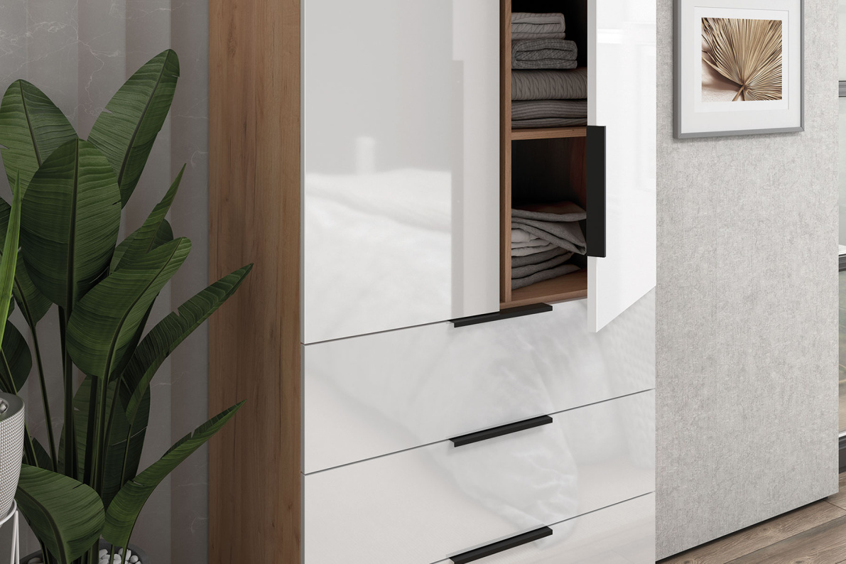 Шкаф 2-х дверный с полками и ящиками, 90 см ЛюксБелый глянец, фото 2