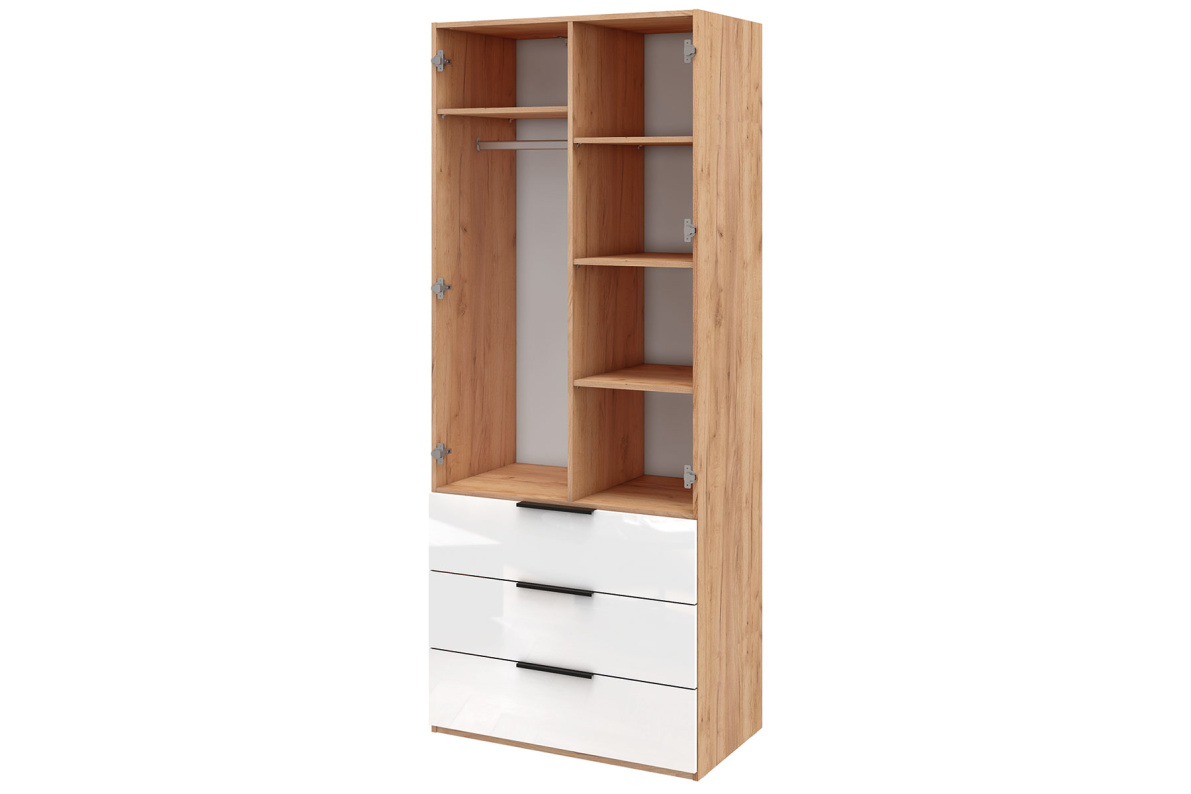 Шкаф 2-х дверный с полками и ящиками, 90 см ЛюксБелый глянец, фото 6