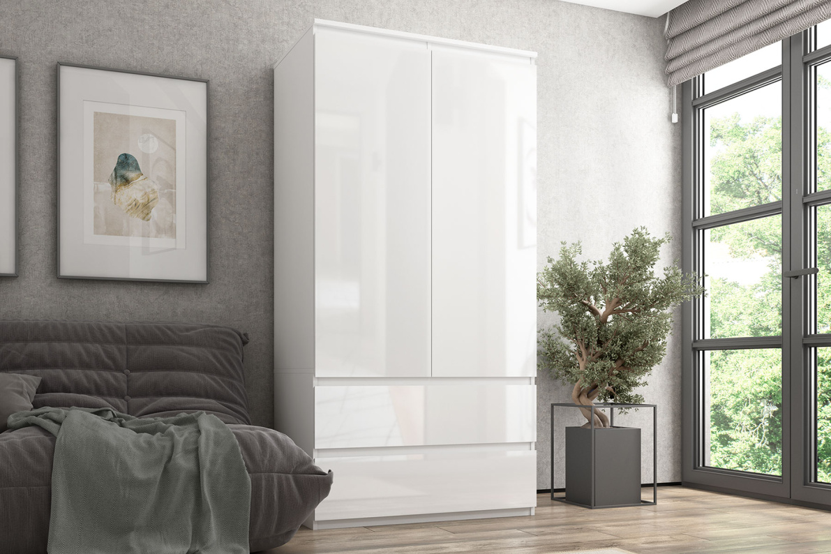 Шкаф 2-х дверный с ящиками, 90 см ЛюксБелый глянец